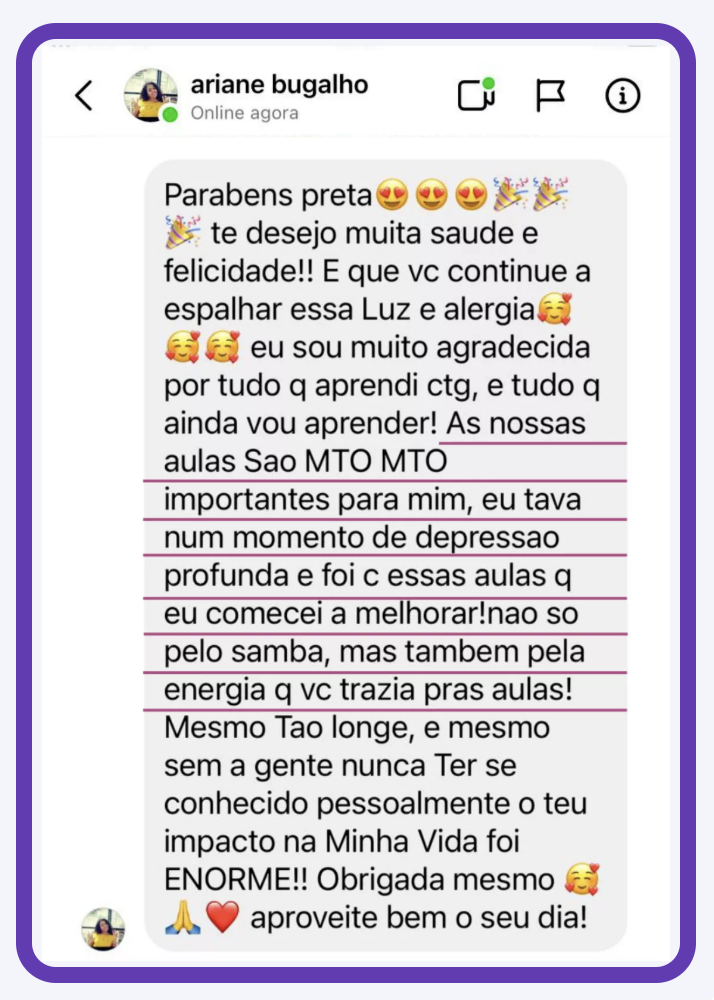 Depoimento de aluna do Método Sambe-se 3