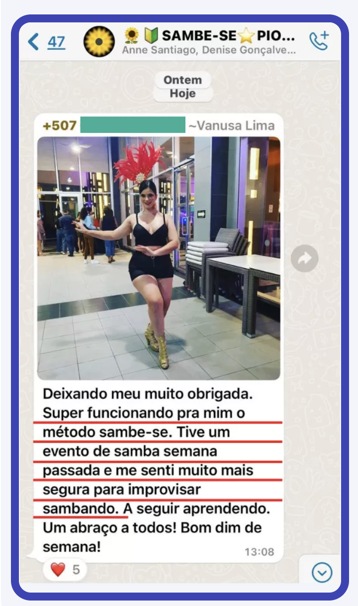 Depoimento de aluna do Método Sambe-se 6